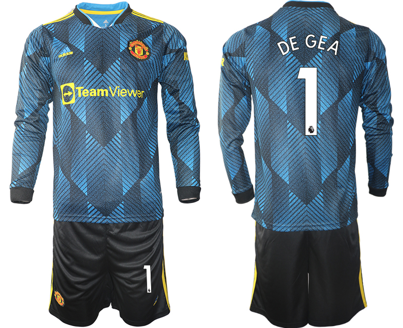 Men 2021-2022 Club Manchester united second away blue Long Sleeve #1 Soccer Jersey